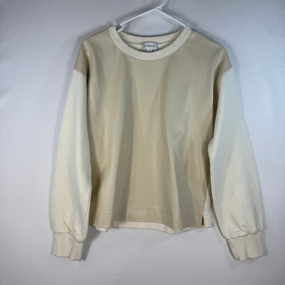 Evereve Women Faux Leather Front Mixed Media Sweatshirt Cream Tan KSW122646-E-SL
